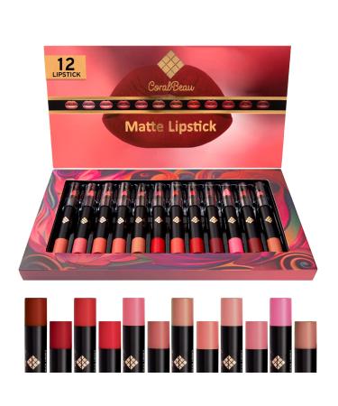 CoralBeau Matte Lipstick Set - 12-Piece Crayon Lipstick Pack with Nude Pink Mauve & Red Shades - Waterproof Long-Wearing Lip Stick Formula with Rich Colors & Pigments - Soft Velvety Lip Makeup Set