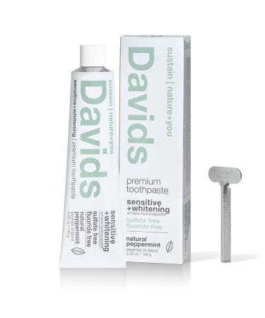 Davids Nano Hydroxyapatite Natural Toothpaste, Sensitive, Whitening, Enamel Health, Fluoride Free, SLS Free, Peppermint, 5.25 oz Metal Tube, Tube Roller Included