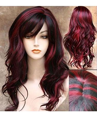 AneShe Wig Women's 2 Tones Wine Red Mixed Black Big Wave Synthetic Hair Long Wavy Curly Hair Wigs (Red/Black)
