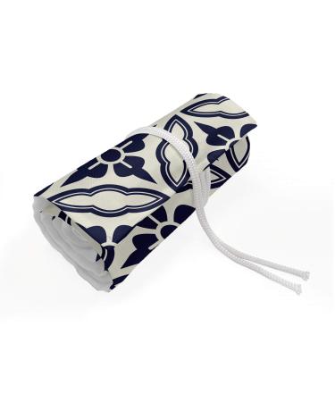 ABAKUHAUS Geometrico Roll Up Pencil Case, Japanese Mandala, Durable & Portable Pencil Organizer, 36 Holes, Blu Crema Scuro