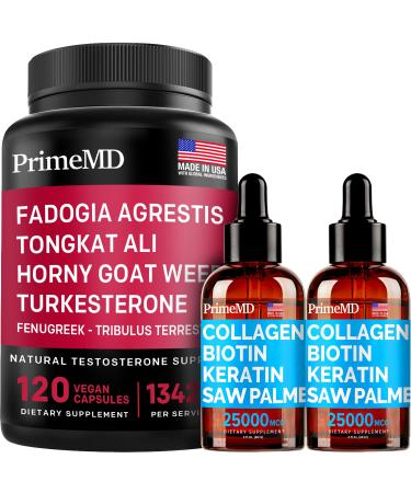 Liquid Collagen Biotin (2pk) and Fadogia Tongkat Ali (1pk) Supplement Bundle - Potent Vitamins for Hair Skin Nails Heart Energy & Testosterone Support - Non-GMO Vegan