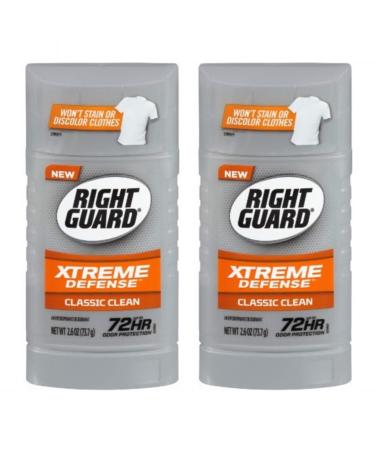 Right Guard Antiperspirant/Deodorant - Xtreme Defense - Invisible Solid - Classic Clean - Net Wt. 2.6 OZ (73.7 g) Per Stick - Pack of 2 Sticks