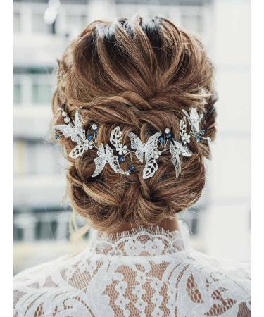 Catery Butterfly Bride Wedding Headband Silver Hair Vine Blue Bead Headpiece Rhinestone Bridal Hair Piece Wedding Hair Accessories For Women and Girls - Buy Online on GoSupps.com