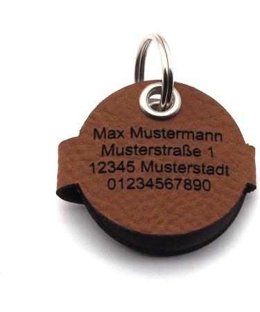 Customizable Brown Dog Pocket with Push Button Engraving - Round Pear Design | Synthetic Leather | Double-Sided Engraving | 30mm Diameter | Perfect for Pet Lovers - Buy Online on GoSupps.com