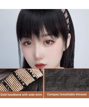 Rhinestone Wide Headband with Bangs 9.8 inch Synthetic Hair Bangs Headband Stylish Natural Bangs Hair Clip for Women Girls Black Bangs Hair Clip - Buy Online on GoSupps.com