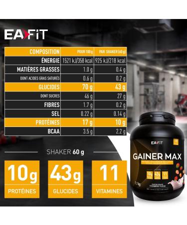 EAFIT-GAINER MAX-Mass gain Muscle gain-Hypercarbohydrate drink-Strawberry-A supply of carbohydrates proteins vitamins for sport for weight gain-Protein shake for bodybuilding - Buy Online on GoSupps.com