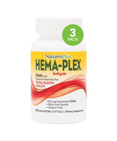 NaturesPlus Hema-Plex Iron - 60 Fast-Acting Softgels, Pack of 3 - 85 mg Elemental Iron + Vitamin C & Bioflavonoids for Healthy Red Blood Cells - Vegan, Gluten Free - 60 Total Servings 60 Count (Pack of 3)