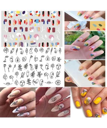 RosinKing Nail Art Stickers Nail Decals Designer Nail Foil Abstract Face Curve Graffiti Nail Designs 3D Self-Adhesive Nail Stickers for Nail Art Supplies (12 sheets nail stickers Mixed Color) - Buy Online on GoSupps.com