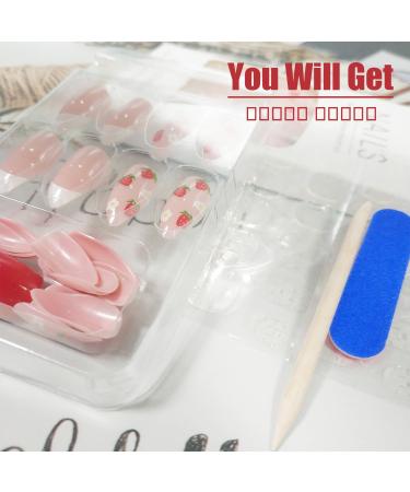 Shop Strawberry Press On Nails | Short French Tips & Glossy Red Stick On Fake Nails - Cute Almond Acrylic Full Cover for Girls - Buy Online on GoSupps.com