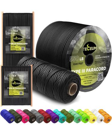 TECEUM Paracord 550 lb  Ideal for Crafting DIY Projects Camping Military  Active Outdoors  40 Colors  Tactical Parachute Cord Type III  Strong Survival Rope Black 100 ft