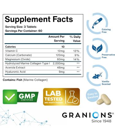Granions Marine Collagen Pills 2000mg Hydrolyzed Marine Collagen Peptides Hyaluronic Acid Vitamin C Calcium Magnesium Skin Hair Nails Pro Aging Hyaluronic Acid Supplements 180 Tablets Vanilla - Buy Online on GoSupps.com