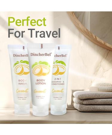 DincherBel Travel Size Body Wash and Body Lotion - Bulk Hotel Toiletries Supplies for Guests - Refreshing Tropical Coconut Scent Shower Gel and Body Cream for Men & Women (1 Fl Oz 100 Pack) - Buy Online on GoSupps.com