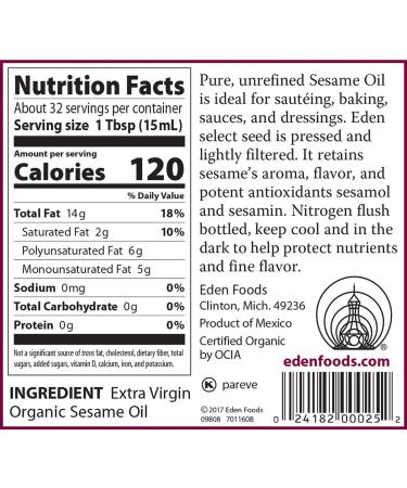 Eden Foods Organic Unrefined Sesame Oil - 16 fl oz (473 ml) | Pure & Natural Cooking Oil - Buy Online on GoSupps.com