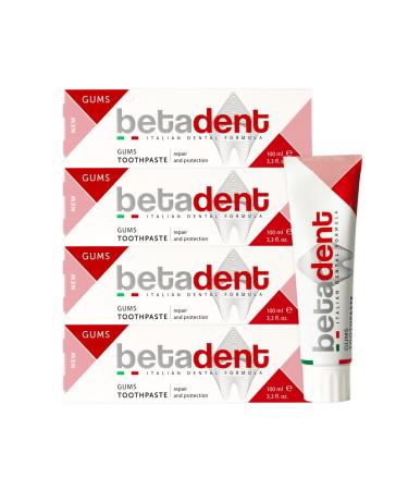 BETADENT Betadent GUMS TOOTHPASTE KIT for sensitive inflamed and irritated gums - Repairs and protects - Anti-plaque and antibacterial action - Delicate non-abrasive formula - 4 x 100 ml