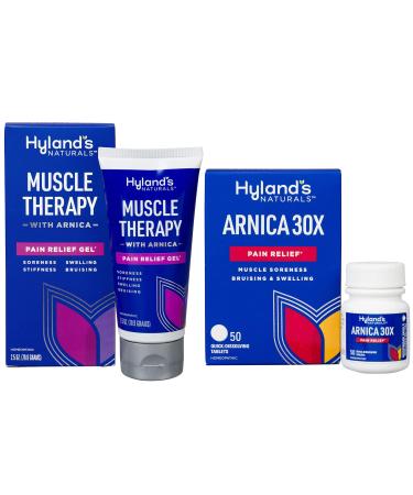 Bundle of Hyland's Muscle Therapy Gel Relief of Pain Swelling Bruising Soreness and Stiffness 2.5 Oz and Arnica Montana 30x Tablets Relief of Bruises Swelling and Muscle Soreness 50 Count