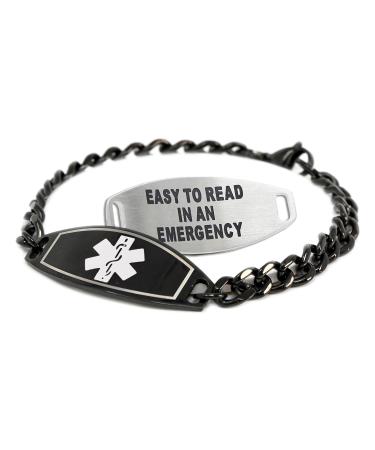 Medical Alert Bracelet for Men with Free Engraving Stainless Steel Personalized Medic ID Custom Sized Black Free ID Card | Made in USA WHITE & BLACK: Wrist - 8in / 20.3cm
