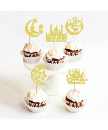 Cyodoos 25Pcs Eid Mubarak Cupcake Toppers Happy Eid Moon Star Ramadan Kareem Cupcake Picks for Eid Islamic Muslim Theme Party Cake Decorations Supplies - Gold Glitter Golden2 - Buy Online on GoSupps.com