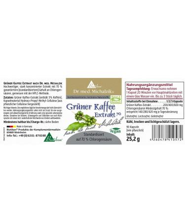 Green Coffee Dr. med. Michalzik - 90 Capsules with 200mg Extract - 70% Chlorogenic Acids - Pure & Additive-Free - Biotikon  - Buy Online on GoSupps.com