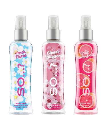 So Body Mist Kit for Women - 3 Pc Kit 3.5oz Fresh Floral Body Mist 3.5oz Cherry Blossom Body Mist 3.5oz Pink Grapefruit Body Mist