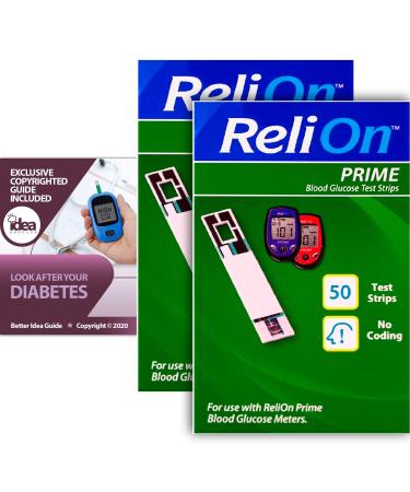ReliOn Prime Blood Glucose Test Strips 50 Ct (2 Pack) Bundle with Exclusive "Look After Your Diabetes" - Better Idea Guide (3 Items)