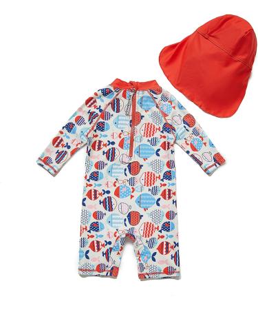 BONVERANO Baby Girls Swimsuit UPF 50+ Long-Sleeve Zipper One Piece (3-6 Months, Red/Fish) - Buy Online on GoSupps.com