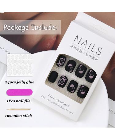 Leopard Print Short Black Press on Nails - Square Nail Tips Set - Frosted Texture False Nails Kit for Women - 24pcs - Buy Online on GoSupps.com