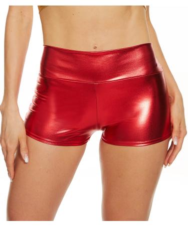 Vinaderhom Women's Metallic Rave Booty Shorts Shiny High Waisted Shorts Dance Festival Bottoms Medium Red