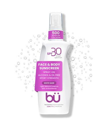 BU SPF 30 Sunscreen Spray for Face and Body Non Aerosol Spray Ultrafine WOWmist TSA Travel Size Sunscreen Clear Non Greasy Water Resistant White Sage 3.3 oz White Sage 3.3 Fl Oz (Pack of 1)