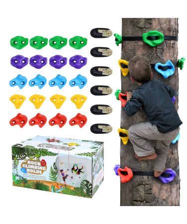TOPNEW 20 Ninja Tree Climbing Holds for Kids Climber, Adult Climbing Rocks with 6 Ratchet Straps for Outdoor Ninja Warrior Obstacle Course Training Multicolor