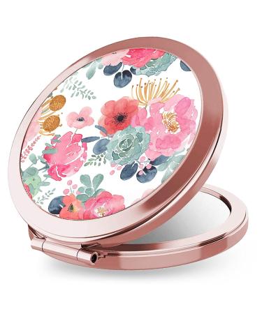 iampanda Compact Rose Gold Mirror for Women Round Mini Pocket Makeup Mirror for Purse Cute Portable Folding Travel Mirror with 2X Magnifying (Pink Green Flower)