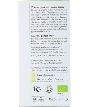 Clearspring Organic Japanese Matcha Genmaicha Tea Sachets - 20 Pack - Buy Online on GoSupps.com