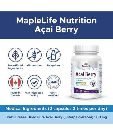 MapleLife Nutrition - Acai Berry 500 mg - Pure Superfruit Sourced from Brazil-Antioxidants - Boost Brain Function - Promote Skin Health No Artificial Ingredients - 120 Capsules - Buy Online on GoSupps.com