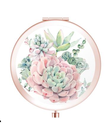 Rounded Compact Mirror  Customized Round Foldable Metal Makeup Mirror  1x&2x Magnification Mini Mirror for Travel Purse Gift - Rose Gold Cactus Rose Gold Cactus2