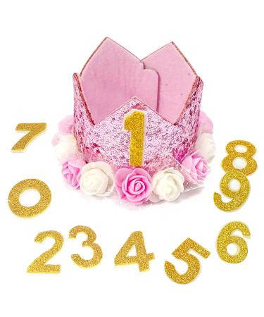 Rimobul Pet Crown Hat Dog Birthday Hat Reusable Birthday Party Crown for Pet Girl Cat Doggie Headband Hats with 0-9 Figures Charms Pet Gift Grooming Accessories with Glue Dots Pack of 1(Pink)