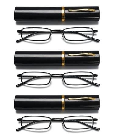 Vevesmundo metal reading glasses mini compact light spring hinge narrow classic reading aid glasses with metal etui 3 pieces black reading glasses 3.0 x