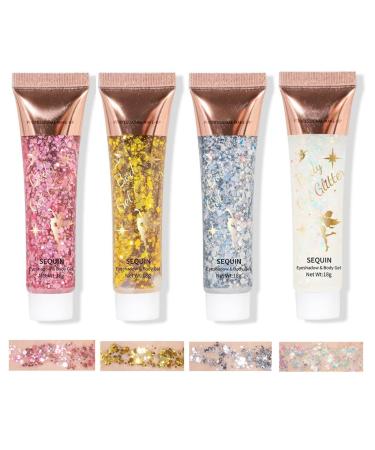 Beliky Girl Set of 4 glitter body gels long-lasting glitter liquid eyeshadows thick glitter gel makeup kit for parties and festivals (set B)