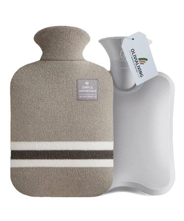 Olivialiving hot water bottle with classic striped cover 2L warm stature for menstrual cramps neck and shoulder pain relief heat and cold therapies handwheel warmer light gray