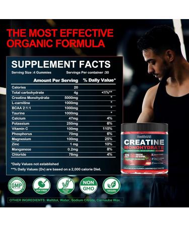 Health4All Creatine Monohydrate Gummies 5G for Men & Women Preworkout Supplement for Energy & Muscle Growth Support with Electrolyte BCAA L-Carnitine & Taurine- Strawberry 120 Gummy - Buy Online on GoSupps.com