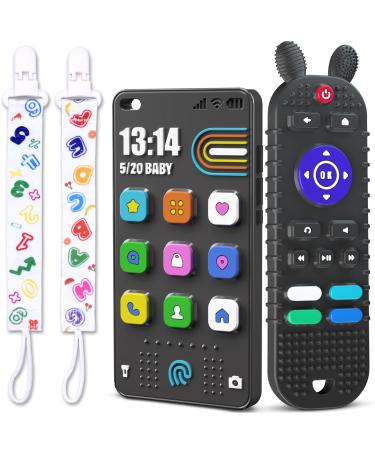 Kaodezhu TV Remote Control Shape Baby Teething Toys and Phone Shape Teether Toys for Babies 6-12 Months  Soft Flexible Silicone Chew Toys for Baby - Black