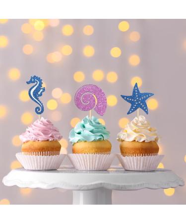 Kaakswa 24 Pcs Ocean Sea Anima Theme Cupcake Topper Glittery Seahors Starfish Cupcake Toppers Set for Under The Sea Birthday Party Blue&purple - Buy Online on GoSupps.com