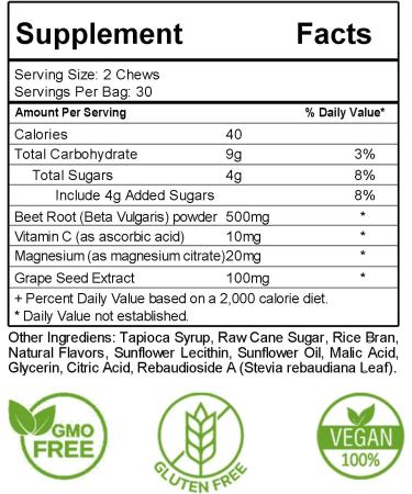 Beauty 4 Ever - Mega Beets Chews - Grape Seed Extract & Non-GMO Beet Energy Chews - Pomegranate Berry Flavor - 60 Count - Buy Online on GoSupps.com