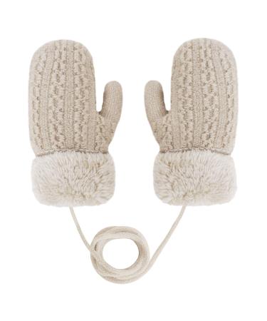 Toddler Kids Winter Warm Thick Plush Short Knitted Gloves With String for 1-3Yrs Beige