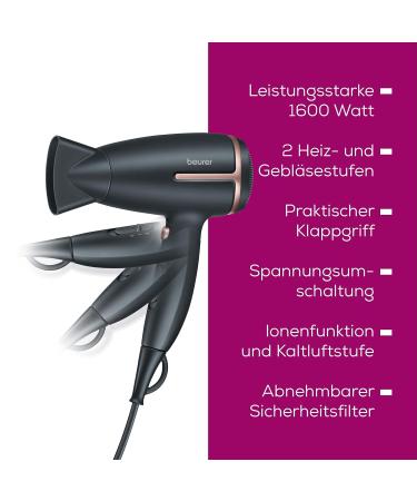 Beurer HC 25 Travel Hair Dryer - Compact Foldable 1600W with Ion Function Dual Voltage (110-240V) - Lightweight & Stylish Black/Ros  - Buy Online on GoSupps.com
