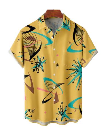 QIVICIMA Button Down Hawaiian Shirts for Men Short Sleeve Bowling Shirts Summer Regular Fit Top Short Sleeve Large B1 Yellow