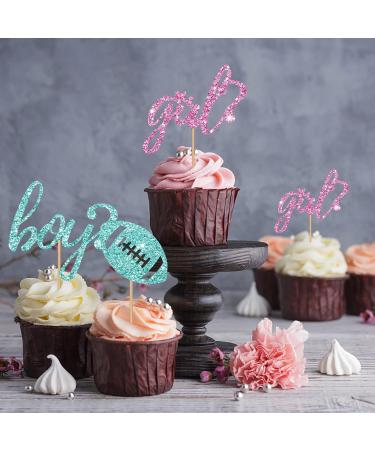 Boy Or Girl Cupcake Toppers Pink & Blue Glitter Baby Shower Cupcake Picks Dress Or Rugby/He Or She Cake Decorations for Gender Reveal/First Birthday Party - 24pcs - Buy Online on GoSupps.com