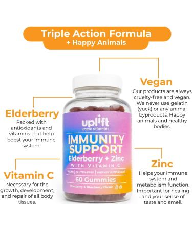 Uplift Vegan Elderberry Gummies with Vitamin C & Zinc - Immune Support for Kids & Adults - Gluten-Free Non GMO - 60ct - Buy Online on GoSupps.com