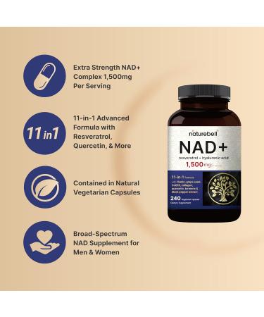 NatureBell NAD+ Complex 1 500mg Per Serving 240 Veggie Capsules | NMN Supplement Alternative | NAD Plus Resveratrol Hyaluronic Acid Quercetin Fisetin Collagen & More Non-GMO - Buy Online on GoSupps.com