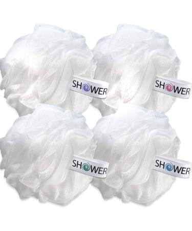 Loofah Soft-White-Cloud Bath-Sponge XL-75g-Set by Shower Bouquet: 4 Pack, Extra Large Mesh Pouf for Men and Women - Exfoliate with Big Gentle Cleanse Scrubber in Beauty Bathing Accessories