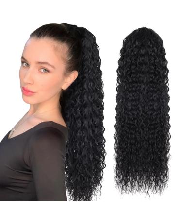 Drawstring Ponytail Extension 24 inch Long Curly Ponytail Hair Extension Synthetic Hairpiece for Women(1B# 24 inch) 24inch-1B#