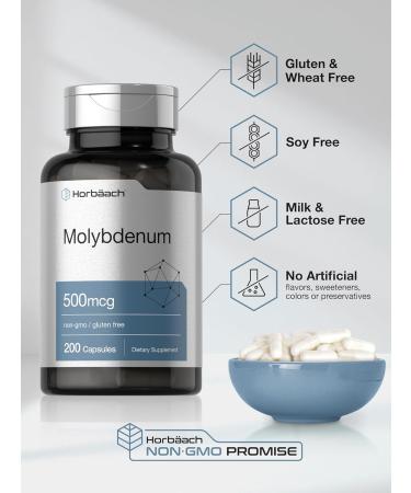 Horbaach Molybdenum Supplement | 500mcg | 200 Capsules | Amino Acid Chelate | Non-GMO Gluten Free - Buy Online on GoSupps.com